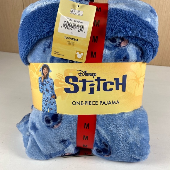 Disney Other - Disney Stitch One Piece Pajama Women’s Medium Blue Plush Hooded Onesie NWT